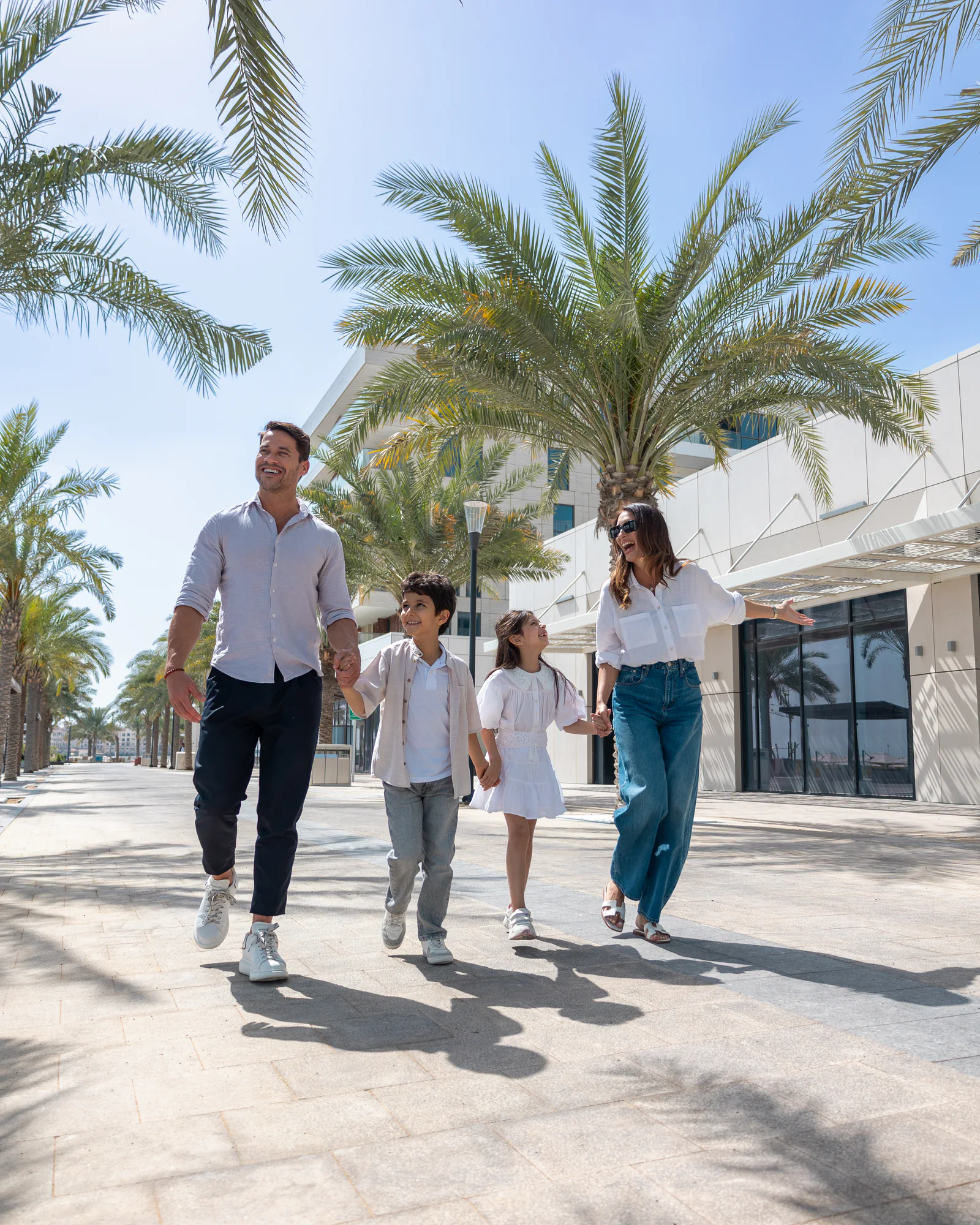 Family walking through a residential community
