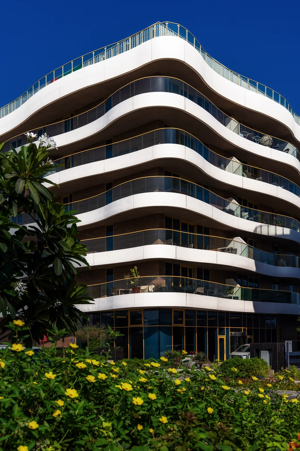 Curved waterfront residences at Hidd Al Saadiyat framed by landscaped gardens