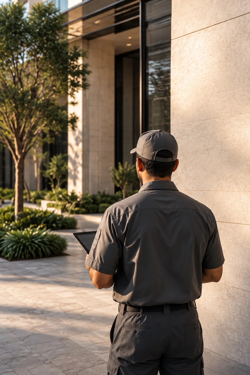 Property management professional inspecting a landscaped residence