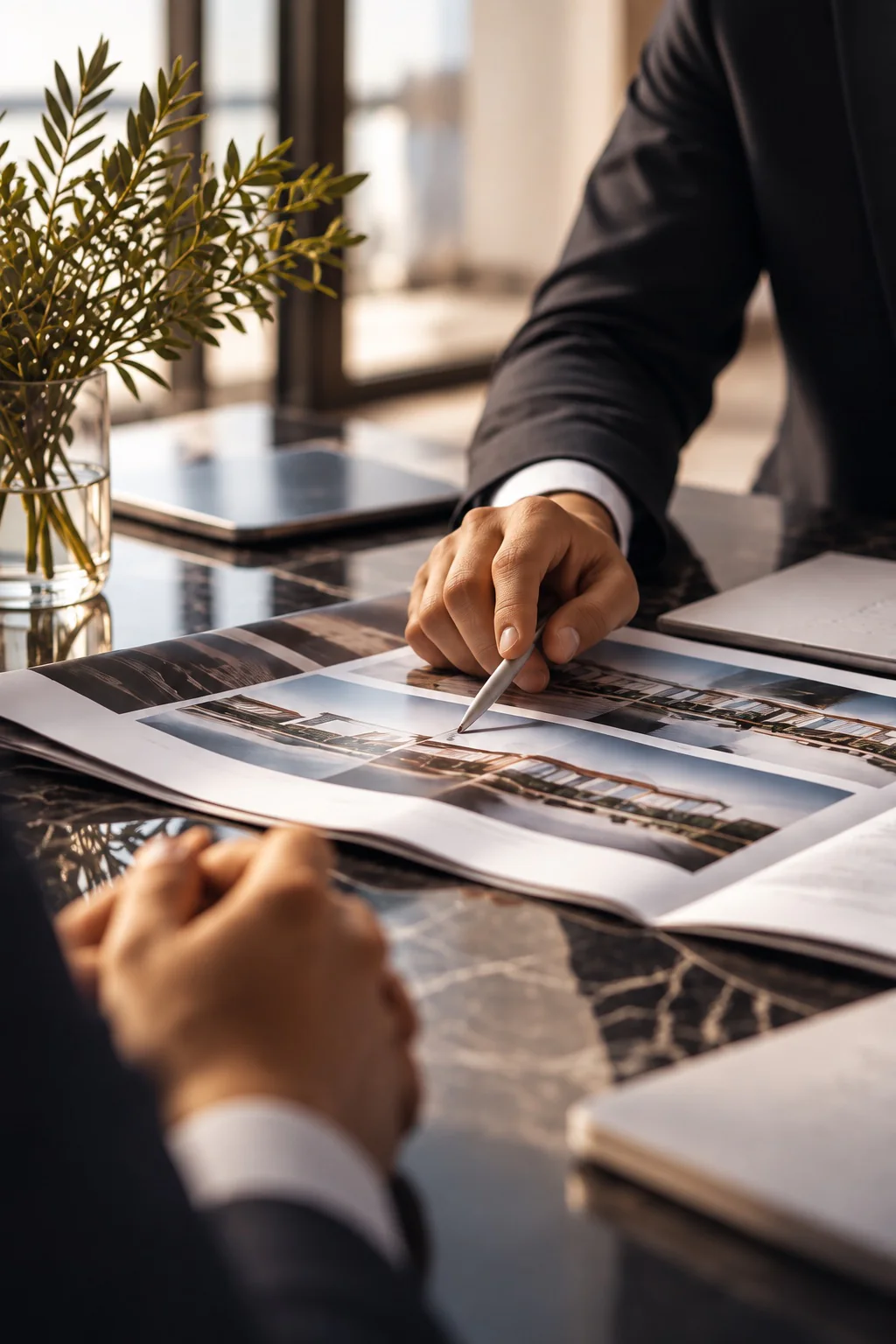 Property advisor reviewing real estate photographs